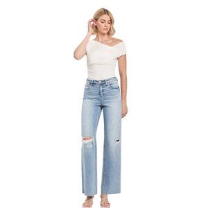 VERVET by Flying Monkey | High Rise Raw Hem Wide Leg Jeans T6597 Refulgent